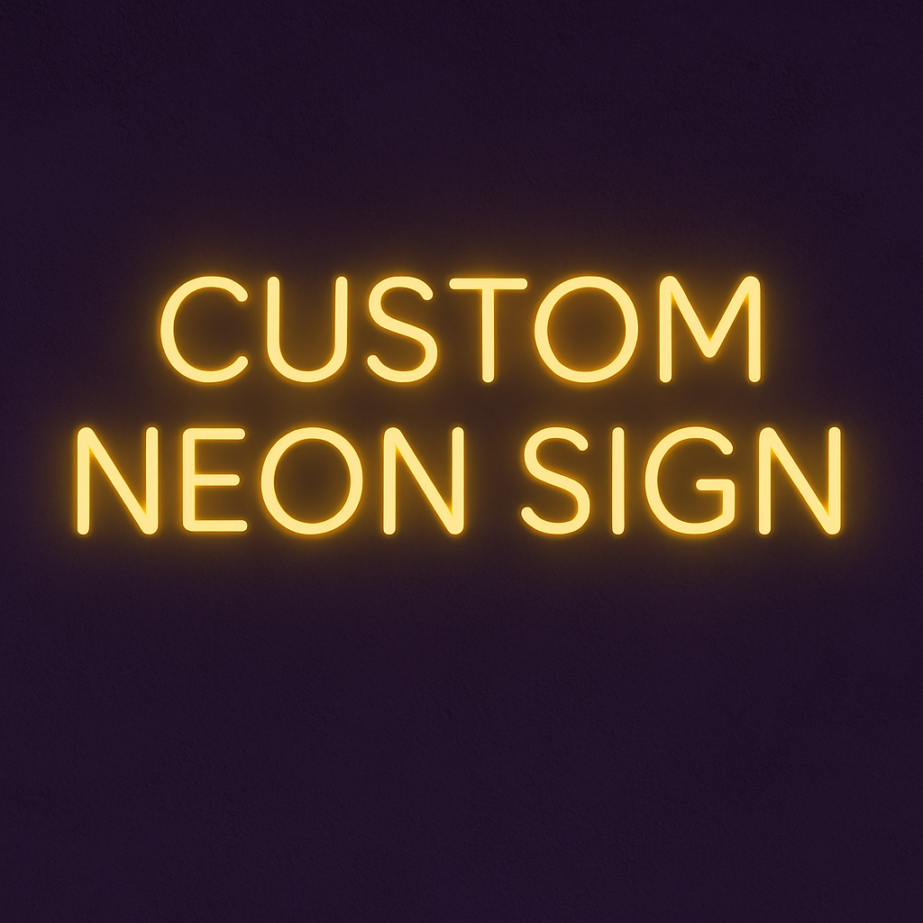 Yellow custom neon sign glowing on a dark purple textured wall