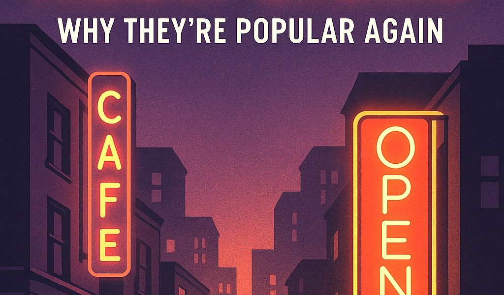 Vintage city street with glowing neon signs for cafe, cinema, and open businesses at night.