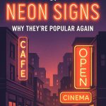 Vintage city street with glowing neon signs for cafe, cinema, and open businesses at night.